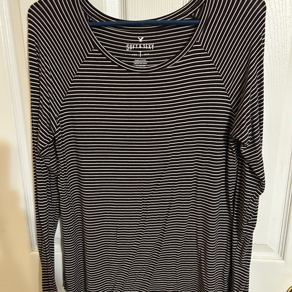 American Eagle Outfitters Maroon and White Striped Long Sleeve Top